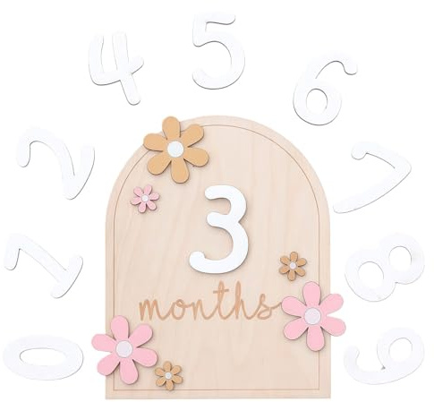 Baby Monthly Milestone Cards with Glue Points, Double Sided Wooden Milestone Babys Cards Flower Styled, Babys Recording Card for Infants 0-12 Months Baby Shower Growth Recording (Pink, 1 PCS)