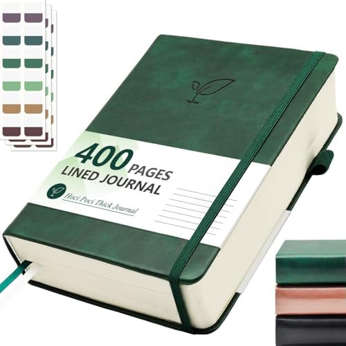 UODERS Liniiertes Notizbuch, 400 Seiten starkes Tagebuch zum Schreiben, A5 Hardcover-Notizbuch mit 100 g/m² liniertem Papier für Frauen, Männer, Berufstätige – für Notizen und Aufzeichnungen - Grün