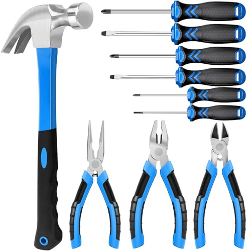 Kit de Herramientas 10 Piezas Juego de 6 Destornilladores de Estrella y Planos 3 Alicates de 16 cm con Martillo para Reparaciones del Hogar y Bricolaje, Azul
