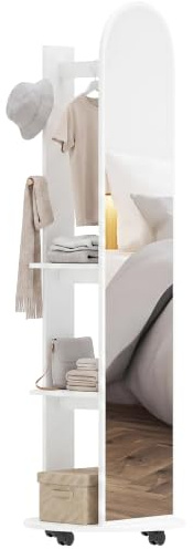HOMCOM 2-in-1 Full Length Mirror with Storage Shelves White | Floor Mirror, 4 Universal Wheels, Coat Rack, 4 Hooks, Space-Saving Freestanding Organiser, Bedroom, Living Room