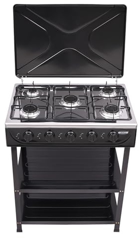 Barbecue a gas a 5 fuochi con coperchio, fornello a gas mobile per esterni, barbecue da campeggio con 2 ripiani e protezione antivento, potente barbecue a gas da tavolo da 12,5 kW, per balcone