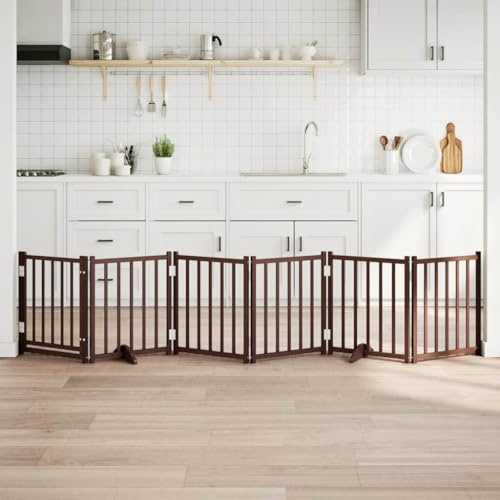 QUAHEAS 6-Piece Dog Gate Made of Solid Fir Wood with Door, Foldable, Brown Oak, 300 cm Long, Freestanding and Sturdy, Ideal as a Dog Kennel, Run, Outdoor Enclosure, Playpen
