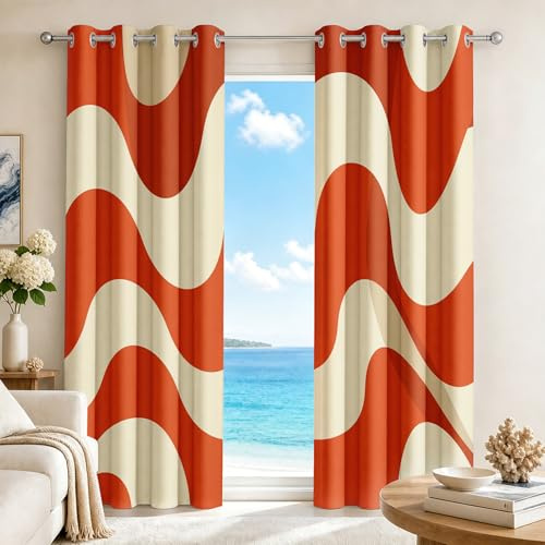 Luxfieo Retro 70er Jahre Vorhänge Orange Beige Abstrakte Wellen Vorhang Blickdicht Gardinen 175 cm Hoch Verdunklungsvorhänge mit Ösen Thermovorhang für Wohnzimmer Schlafzimmer Fenster Deko 2er Set