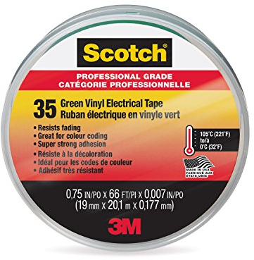 3M Scotch 35 Vinyl Electrical Color Coding Tape, 3 Core, 0.75 X 66 Ft, Green