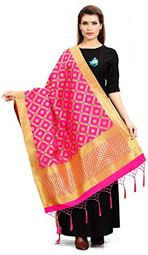 Elina fashion Donna Zari lavoro indiano pakistano banarasi arte seta tessuto solo dupatta per vestito materiale & Salwar vestito, Rosa, taglia unica