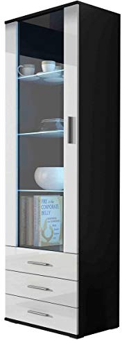 Vitrine mit Blauer LED Beleuchtung SOHO S1 Vitrinenschrank Standvitrine Stauraumvitrine Glasvitrine Schrank Wohnzimmerschran (Schwarz/Weiß Hochglanz)