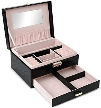 Bingo-Shop Schmuckkasten Damen Schmuckkästchen mit 1 Schublade Schmuckkoffer mit Spiegel für Frauen Schmuck-Organizer Schwarz Abschließbar Reise-Box für Ringe, Armbänder, Ohrringe, Samtfutter