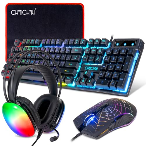 Tastiera da gioco Mouse e auricolare con microfono Combo USB cablato RGB Gamer Bundle compatibile con PC Windows 7/8/10/11 Xbox one PS4 PS5 (nero)