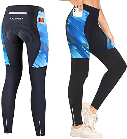 NICEWIN Radlerhose Fahrradhose Damen Lang mit Sitzpolster 4D Gepolsterte Radhose Atmungsaktiv Schnell Trocknend stoßfeste Elastisch Hosen,XL,Schwarz/Blau