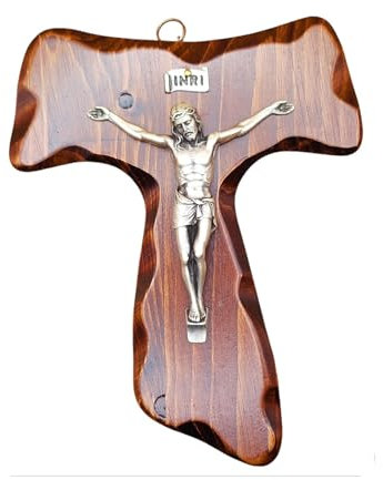 Kruzifix Tau aus Holz - Wandmontage - Christus aus Silber - Hergestellt in Umbria Italy - (23 x 18,5)