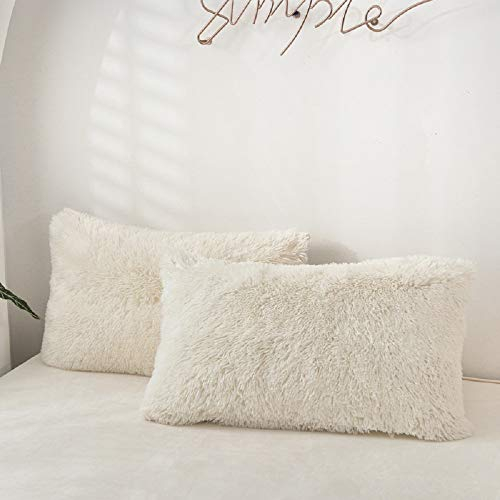 Sacebeleu Kissenbezug 80x80cm 2er Set Plüsch Biber Flanell Flauschig Zierkissenbezug Kissenhülle Doppelpack Weiß Creme Winter Kopfkissenbezug