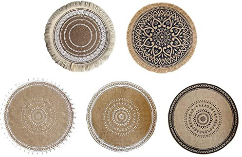 Sets de Table Ronds Tressés - Sets de Tables Lavable | Napperon Tissé en Jute | Boho Motifs Imprimés Dessous de Plat Résistant À La Chaleur et Antidérapant pour Cuisine Fête Mariage | Diamètre 38cm