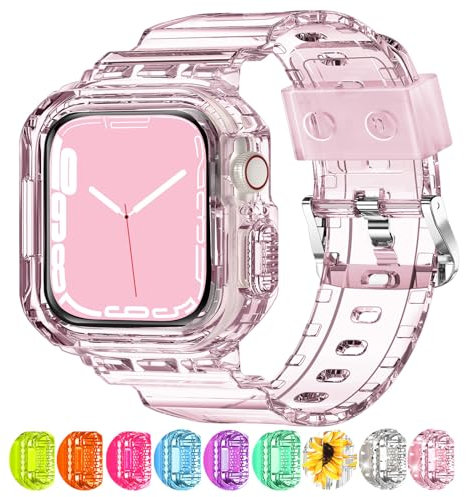 XYF Compatible for Crystal Clear Apple Watch Bands, 41mm 40mm 38mm Bumper Case for Men Women Jelly Sport Cover Strap for iWatch Ultra 2/1 Series 10 9 8 7 SE 6 5 4 3 2 1 (ClearPink, 38/40/41)
