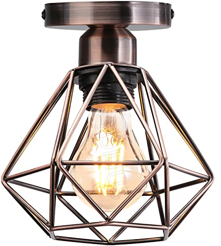 TOKIUS Deckenlampe 16CM Vintage Deckenleuchte im Industrial Design Retro E27 Lampe aus Eisen Geometrisch Käfig Pendelleuchte, Kupferrost (1 Stück)