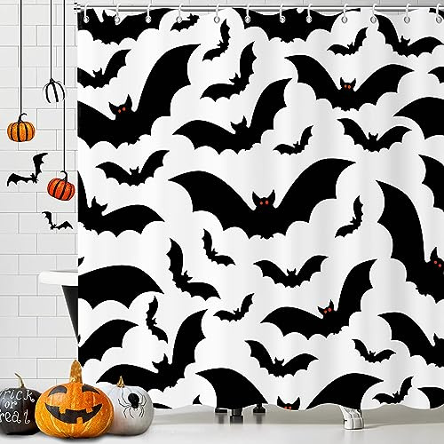GCIREC Rideau de douche d'Halloween sur le thème de l'Halloween, motif chauve-souris, rideau de salle de bain, décoration de fête d'Halloween, tissu imperméable, lavable en machine avec 12 crochets