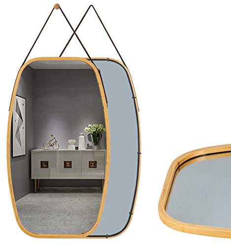 RELAX4LIFE Grand Miroir Mural Rectangulaire Suspendu 77x44cm, Miroir Antidéflagrant avec Cadre en Bambou et Sangle PU Réglable 6-31cm, Installation Murale ou sur Table