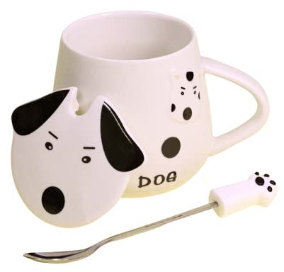 G Decor Dog Ceramic Coffee Tea Mug with Matching Lid Drinks Mug Cup for Tea or Coffee, 250ml (Black Dog)