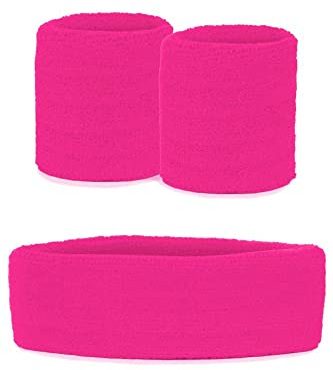 krautwear Damen Mädchen Schweißbänder Stirnband 2 Armbänder Beinstulpen Handschuhe 80er Jahre Set Neon Pink (Schweißbänder Set, pink)