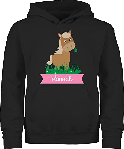Kinder Hoodie Jungen Mädchen - Pferde - Süßes Pferd mit Name - 140 (9/11 Jahre) - Schwarz - personalisierte reiten Pullover reiterzubehör pferdegeschenk für pferdemädchen Geschenke Hoddy