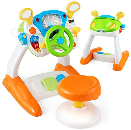 GOPLUS Kinderspielzeug mit Lenkrad, Interaktives Fahrspielzeug mit Lichtern und Geräuschen, Megaphon und Hocker, Realistisches Lernspielzeug, Jungen und Mädchen ab 3 Jahren