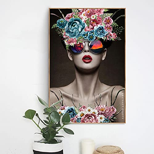 TITINGLUCK Abstraktes Porträt Poster und Drucke Wandkunst Leinwand Gemälde Blumen Frauen mit coolen Glasbildern für Wohnzimmerdekoration 60 x 110 cm (24 x 43 Zoll) mit Rahmen