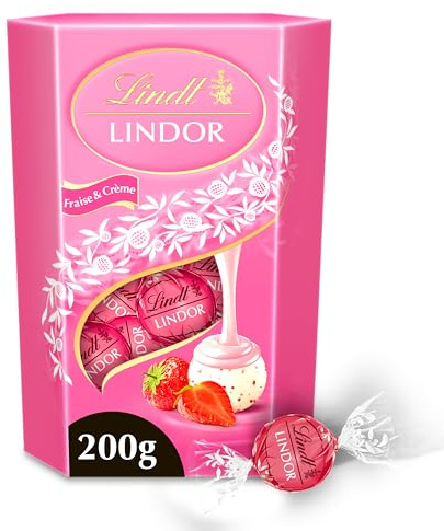 Lindt - Cornet LINDOR - Chocolat à la Fraise et Crème - Cœur Fondant, 200g