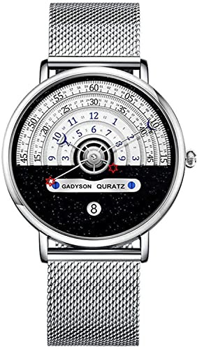 YUEYUEKE Uhren Herren,Minimalistisches Trend-Astrolabium,Coole Edelstahl wasserdicht Armbanduhr Herren,Uhr mit Kalenderfunktion (Weiß mit silbernem Riemen)