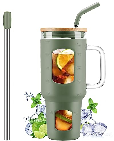 WINSA Gobelet en verre avec paille et couvercle, tasse en verre de 1200 ml avec poignée, bouteilles d'eau en verre avec marqueur de temps, 2 pailles – Paille de perle et manchon de protection en