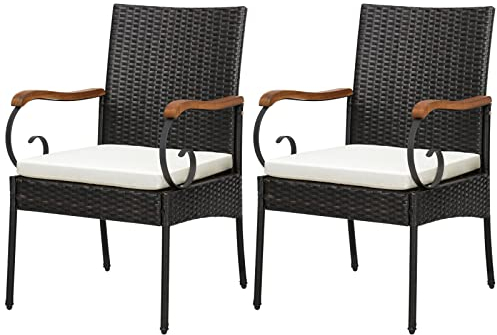 COSTWAY 2er Rattan Stühle Set, Polyrattan Gartenstuhl Holz, Gartensessehl mit Sitzkissen, Rattansessel Gartenstühle für Outdoor Terrasen Balkon Garten (G Design, 60 x 55 x 89 cm)