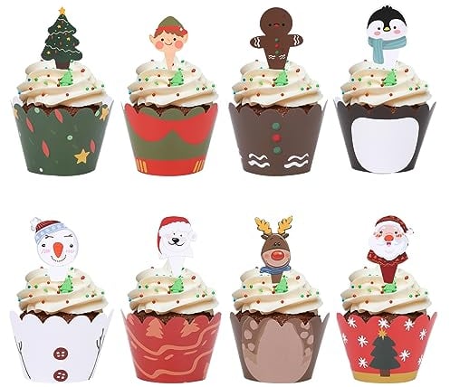 48 Pieces Christmas Cupcake Toppers and Wrappers,Cupcake Dessert Decoration,for Christmas Party Supplies,Santa Claus Snowman Reindeer Elf Penguin Christmas Tree(24 Wrappers + 24 Toppers)