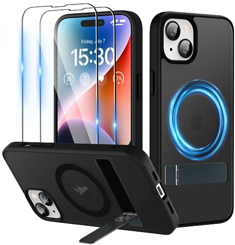 Niunisi Magnetic Case for iPhone 15 Case with Stand, Slim Kickstand with Screen Protector Compatible with Magsafe Shockproof Translucent Matte Cases Phone Case Cover 6.1-Inch (2023), Black