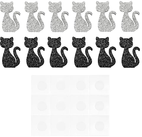 Oblique Unique® 12 Stück Holz Katzen Glitzer Konfetti Holzdeko Tischdeko Streudeko zur Verzierung Dekoration für Kinder Geburtstag Party zum Basteln (Schwarz-Silber)