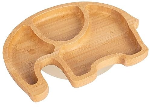 1x Beige Niños Elefante Bambú Plato de Cena con Fuerte Ventosa - Ideal para el Destete de Bebés y Niños Pequeños - Platos de Comida Ecológicos - Por Tiny Dining