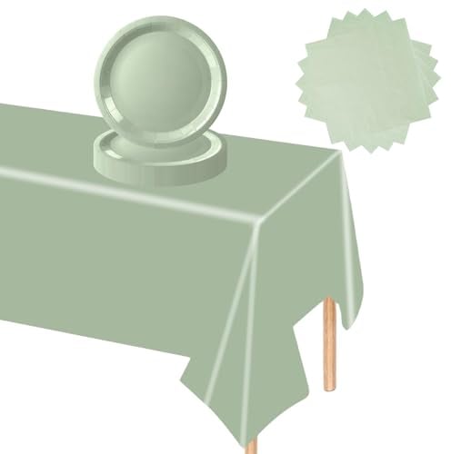 POPOYU 37 Pièces Anniversaire Vaisselle Vert Sauge de Fête en Papier -16x Assiettes en Papier,20 x Serviettes,Nappe,Ensemble de Vaisselle pour Fournitures de Décoration d'Noël Mariage (16 invités)