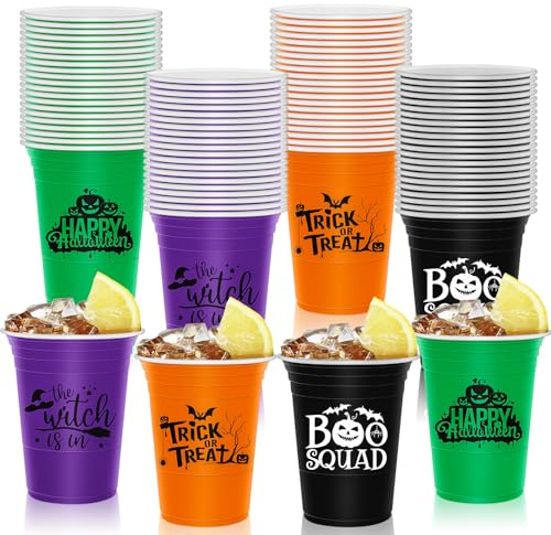 AnyDesign 48Pcs Halloween Plastic Cups 16oz Orange Black Purple Green Disposable Stadium Cups Spooky Trick or Treat Party Cups for Hot Cold Drinks Coffee Juice Beer Candy Snacks