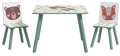 ZONEKIZ Table et 2 chaises pour Enfants 3-8 Ans Ensemble 3 pièces Motif Animaux pour Chambre à Coucher Salle de Jeux Pieds en Bois Massif Vert