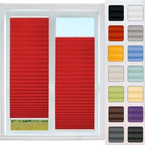 Temporary Pleated Blinds for Windows, 120 x 30 cm Quick and Easy Assembly Pleated Blinds pleated blind with accessories, for Patio Doors Bedroom, Red