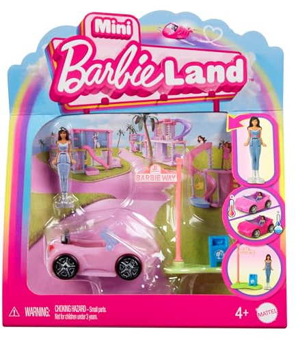 Barbie Mini BarbieLand Puppen und -Spielzeugfahrzeugset, ca. 4 cm große Barbie-Puppe und Cabrio mit Farbwechsel, Straßenschildzubehör, HYF42