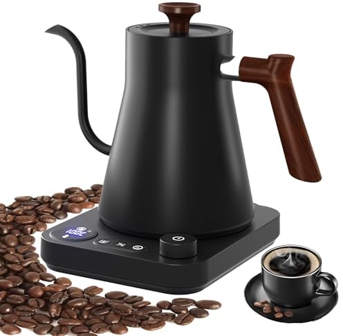 RHD 0.9L Electric Gooseneck Kettle with LCD Display, Real-Time Temp Control Hot Water Boiler to Pour Over Coffee, Brew Tea, Switchable ℉/℃, 1200 Watt Quick Heating Pot, 304 Stainless Steel, Matt Black