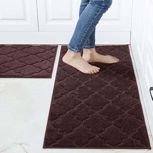COSY HOMEER Alfombra de Cocina Antideslizante Lavable, Set de 2 Unidades (51 x 76 cm + 51 x 122 cm), Alfombra para Pasillo y Cocina, Ideal para Sala de Estar, Marrón
