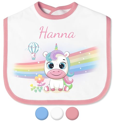 Babylätzchen für Mädchen & Jungen Einhorn Regenbogen– Lätzchen für Baby mit Namen personalisiert - mit Klettverschluss – Spucktuch Latz Kinderlätzchen - Geschenk für Kleinkinder (Saum Rosa)