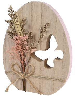 Deko Aufsteller Osterei Holz 18cm mit Trockenblumen - Holzdeko für Ostern Frühling - Holzei als Osterdeko Osterschmuck Frühingsdeko Tischdeko Dekofiguren Dekoei - Natur Braun Rosa