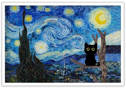 NONPAI Van Gogh The Starry Night Cat Leinwand-Kunst, berühmte Ölgemälde, schwarze Katze, Poster, lustiger Katze, Blumendruck, bunt, abstrakt, Galerie, ästhetische Raum-Wanddekoration für Schlafzimmer,