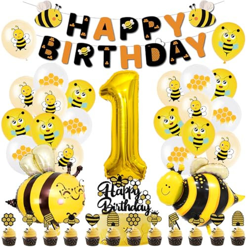 Biene Geburtstag Deko Set - Folienballons, Luftballon mit Happy Birthday Girlande, Tortendeko Bienen, Bee Balloon für 1 Jahres Geburtstag