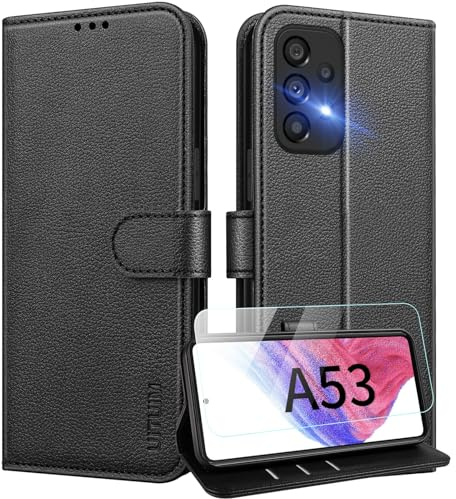 UITUIM Handyhülle für Samsung Galaxy A53 5G Klapphülle Leder Hülle mit Glas Schutzfolie Flip Case Cover Klappbar Kartenfach Etui Schutzhülle Handytasche für Samsung Galaxy A53 5G,Schwarz