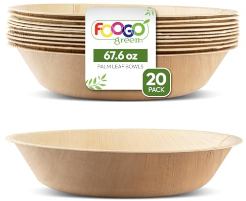FOOGO Green 20pcsDisposable Palm Leaf Serving Bowls, 12(30cm), 67.6oz (2000ml), Deep Round, Biodegradable Compostable, for Salad, Wedding Party, Like Wooden, Bamboo and Paper Bowls
