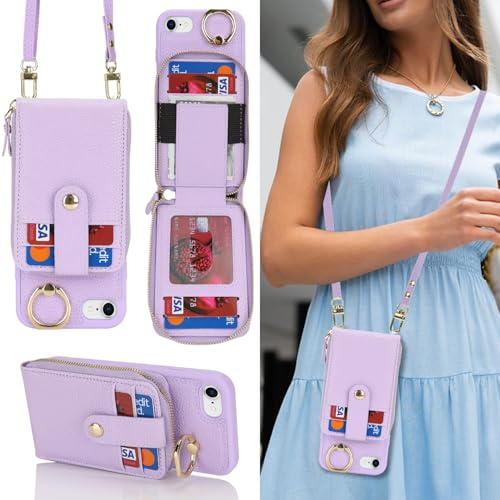 SailorTech iPhone 7/8 Case Ring Stand with Card Holder for Women, iPhone SE 2020/SE 2022 Leather Case Wallet Crossbody with Kickstand Credit Card Zipper Case for iPhone 7/8/SE2/SE3-Purple