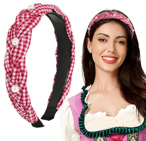 BOFUNX Damen Haarreif Kariert geflochten Haarband mit Perlen Stirnbänder Trachten Haarreif Vintage Breit Kopfband Haarschmuck für Oktoberfest Party