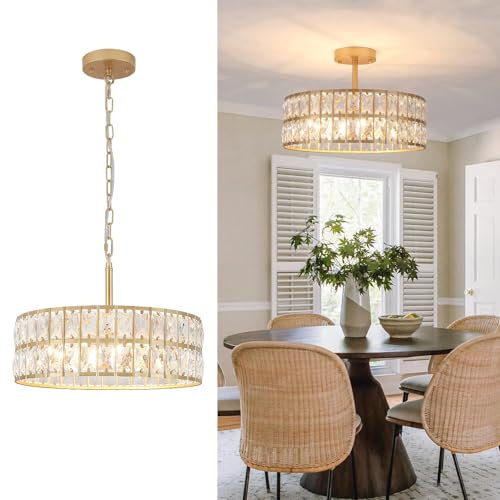 Rviezza Modern Gold Crystal Ceiling Pendant Lighting, 5-Light Vintage Metal Semi-Flush Mount Hanging Light, Gold Chandelier with Round Crystal Shade and Adjustable Metal Chain, E14 Dimmable Socket