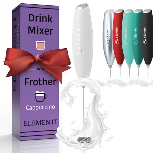 Elementi Milk Frother Handheld - Powerful Mini Coffee Frother Whisk - Hand Held Coffee Whisk Electric & Frappe Maker - Drink Mixer, Stirrer & Electric Milk Foamer (White)